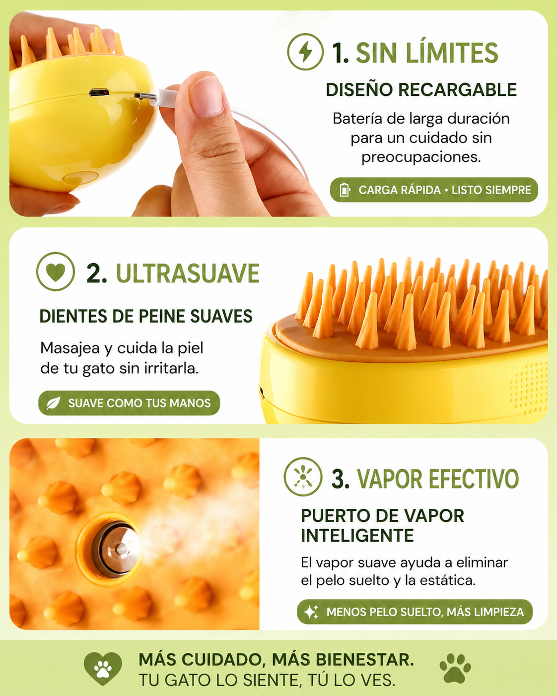🐾 Cepillo de Vapor Premium Animore® 3 en 1 para Perros y Gatos