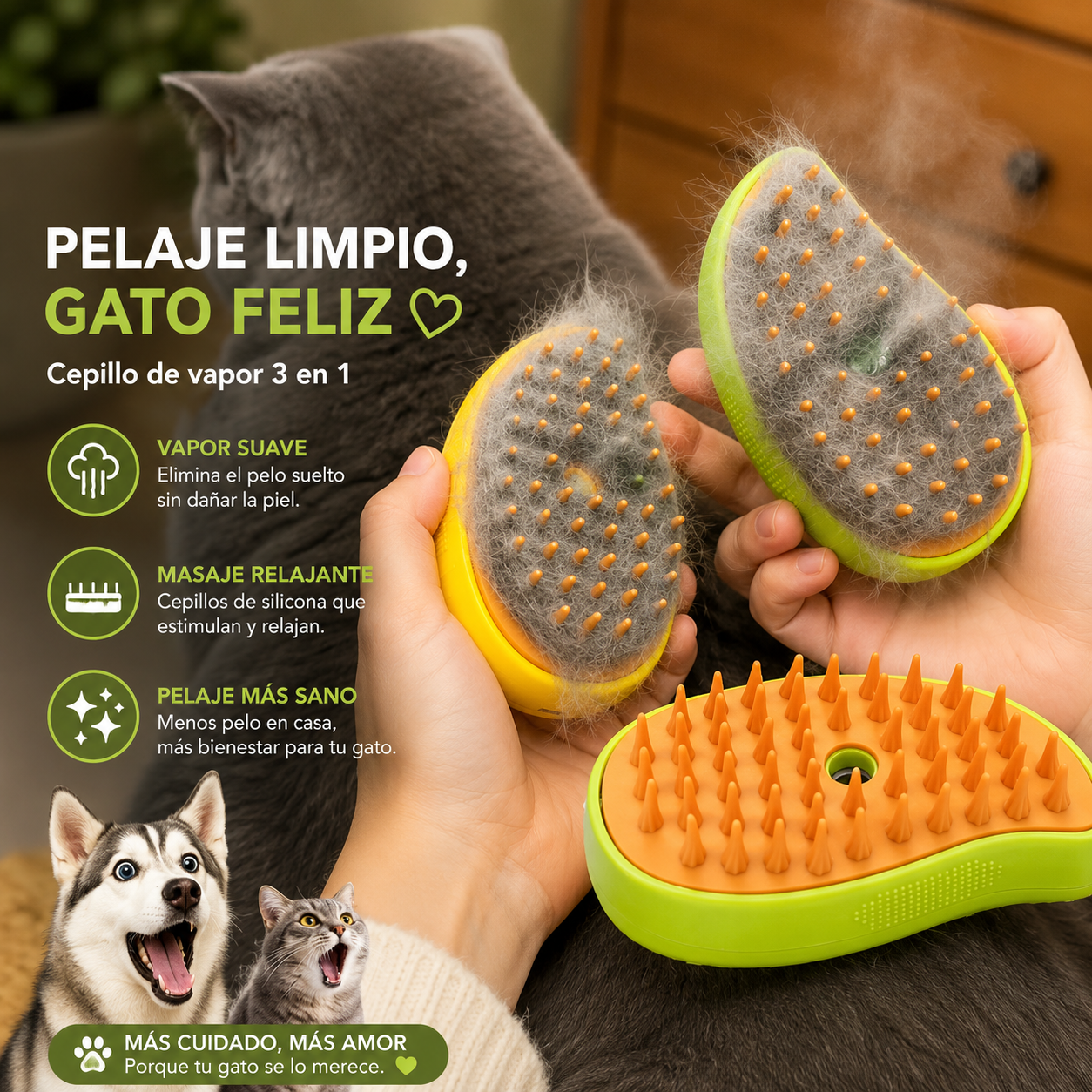 🐾 Cepillo de Vapor Premium Animore® 3 en 1 para Perros y Gatos