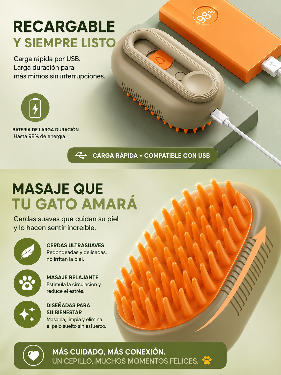 🐾 Cepillo de Vapor Premium Animore® 3 en 1 para Perros y Gatos
