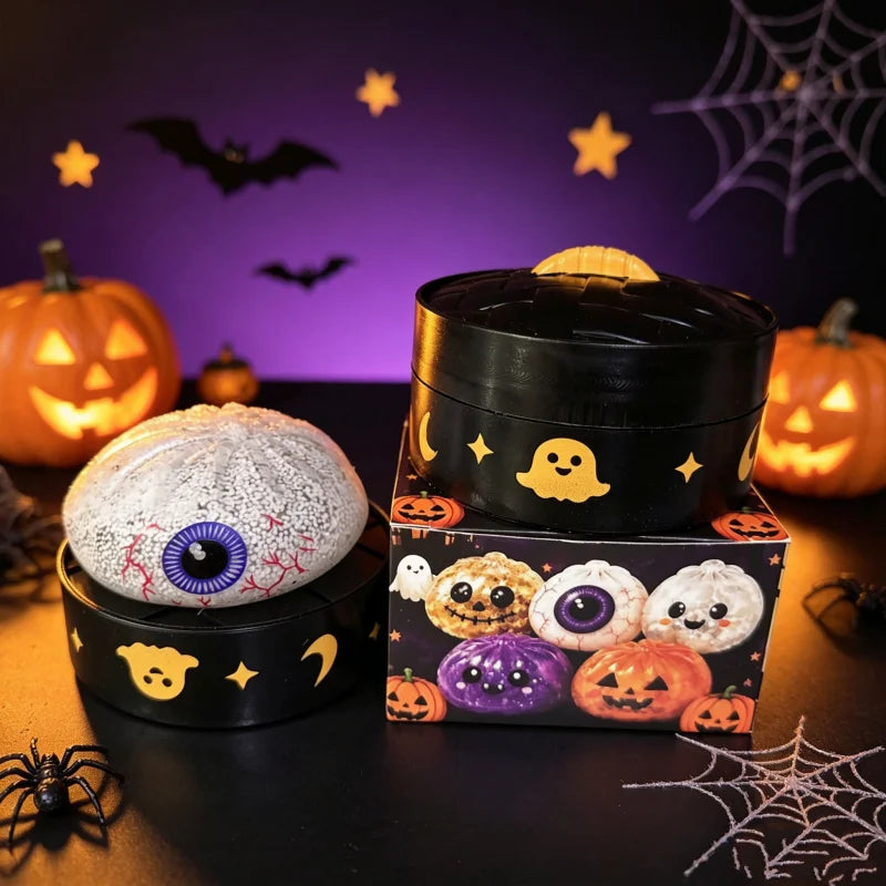 Delightful Halloween Dumpling Squishy with Steamer Box - 8.5cm Stress Relief Toy for Adults - Perfect Anti-Anxiety Gift!