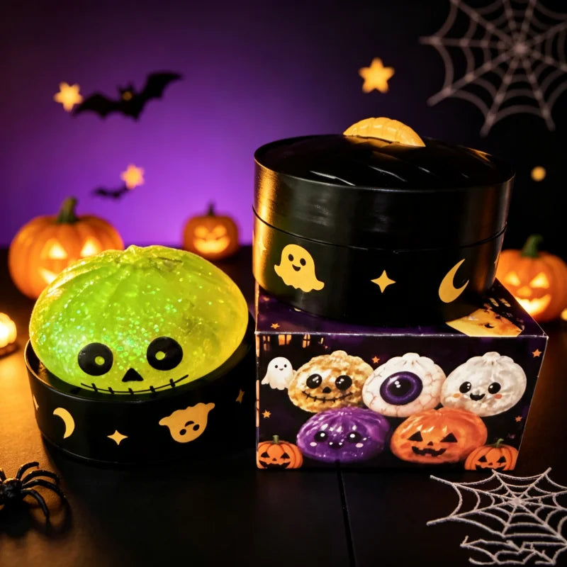 Delightful Halloween Dumpling Squishy with Steamer Box - 8.5cm Stress Relief Toy for Adults - Perfect Anti-Anxiety Gift!