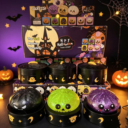 Delightful Halloween Dumpling Squishy with Steamer Box - 8.5cm Stress Relief Toy for Adults - Perfect Anti-Anxiety Gift!